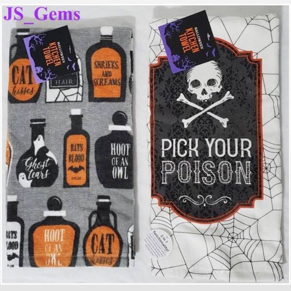 2 New Haunted House Kitchen Towels Halloween Gray & White Poison Potions Set NWT